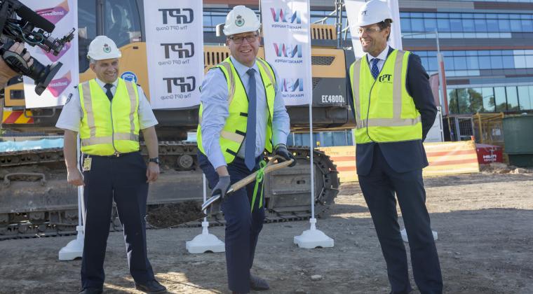 RFS Deputy Commissioner Rob Rogers, NSW Minister for Police & Emergency Services Troy Grant and GPT Head of Office & Logistics Matthew Faddy  at the 4 Murray Rose Avenue site.